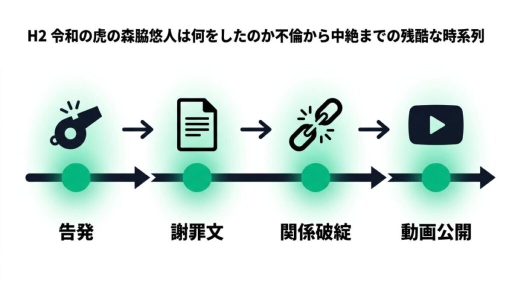 暴露系インフルエンサーの告発から深刻な関係悪化、そして謝罪動画公開に至るまでの重大なトラブルの経緯をまとめたタイムライン図解