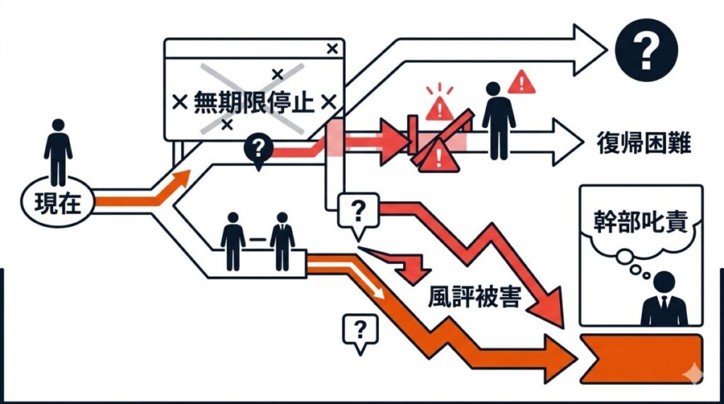 番組幹部からの叱責と無期限活動停止処分による今後の復帰の絶望的な状況を示す展開予想図
